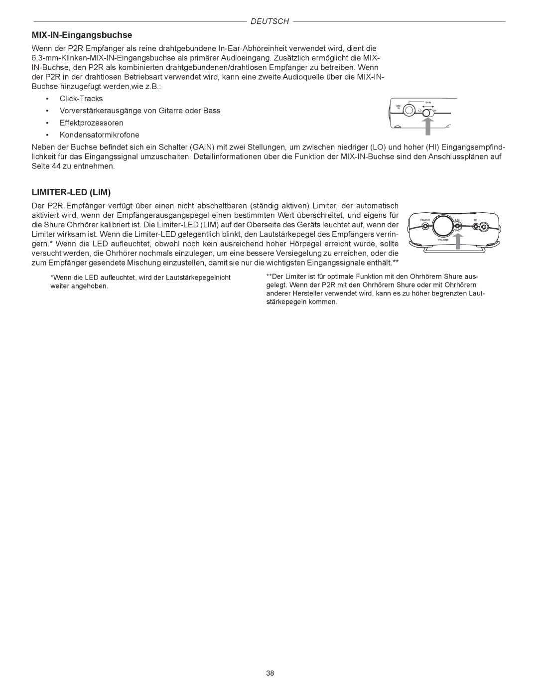 Shure PSM200 manual MIX-IN-Eingangsbuchse, Limiter-Led Lim 