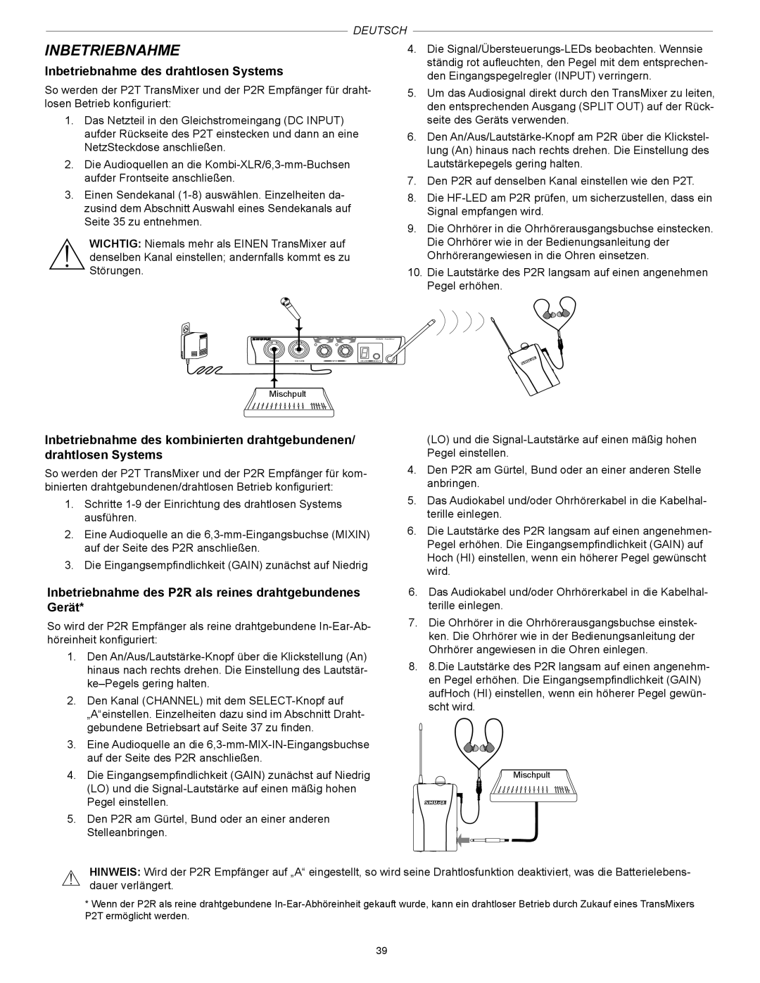 Shure PSM200 manual Inbetriebnahme des drahtlosen Systems, Inbetriebnahme des P2R als reines drahtgebundenes Gerät 