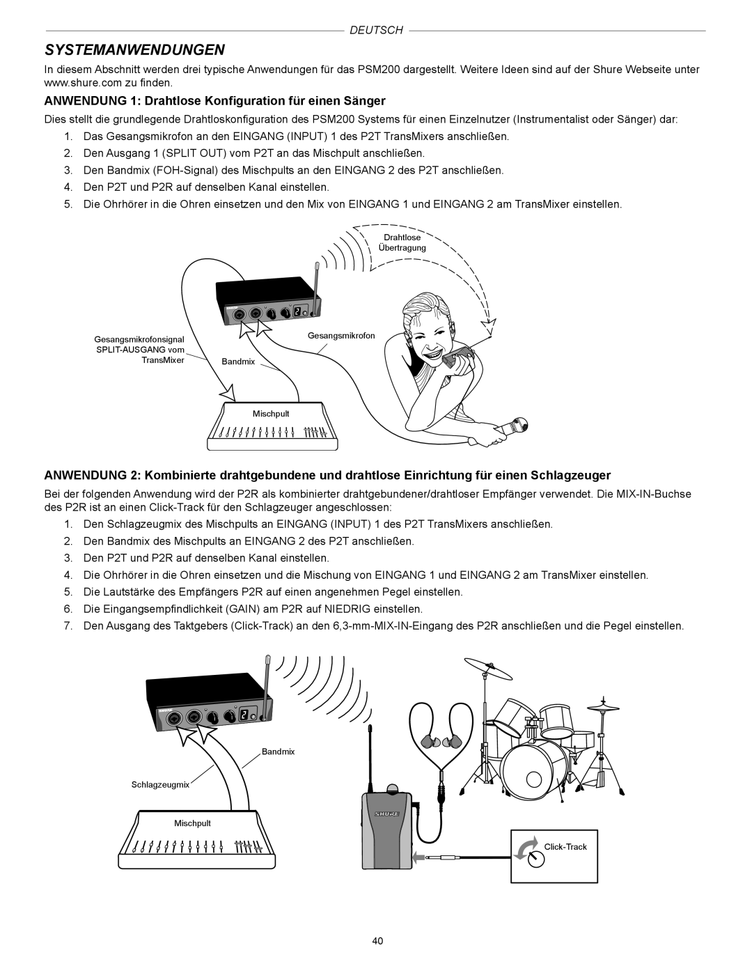 Shure PSM200 manual Systemanwendungen, Anwendung 1 Drahtlose Konfiguration für einen Sänger 