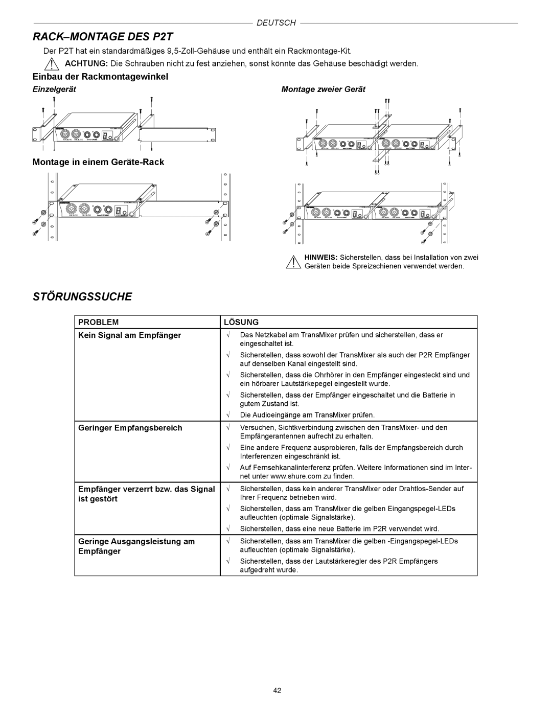 Shure PSM200 manual RACK-MONTAGE DES P2T, Störungssuche, Einbau der Rackmontagewinkel, Montage in einem Geräte-Rack 