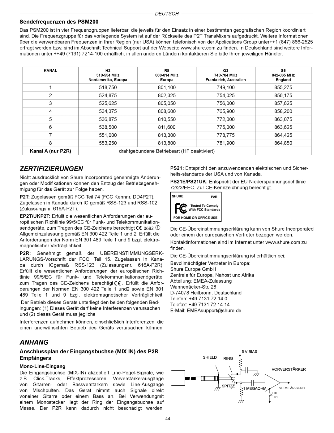 Shure Zertifizierungen, Anhang, Sendefrequenzen des PSM200, Anschlussplan der Eingangsbuchse MIX in des P2R Empfängers 