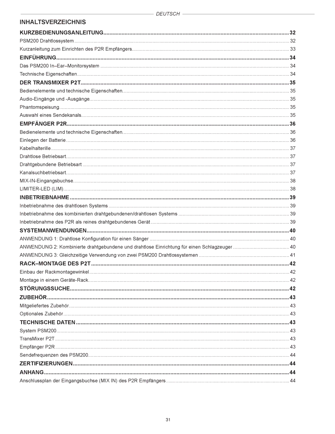 Shure PSM200 manual Inhaltsverzeichnis 