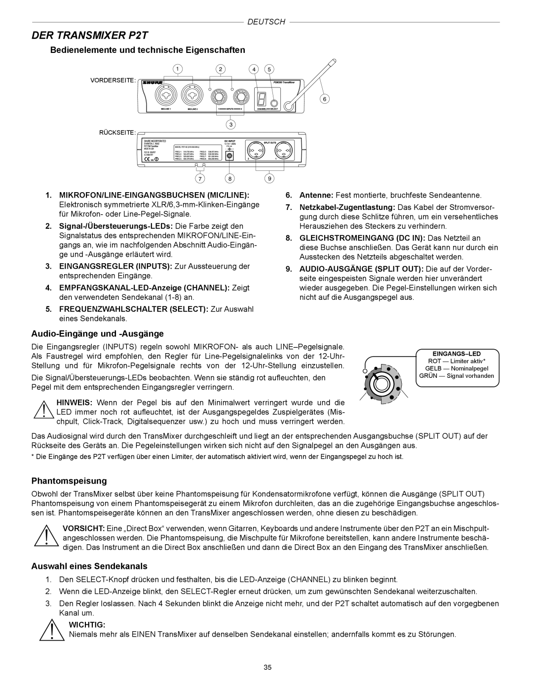 Shure PSM200 manual DER Transmixer P2T, Bedienelemente und technische Eigenschaften, Audio-Eingänge und -Ausgänge 