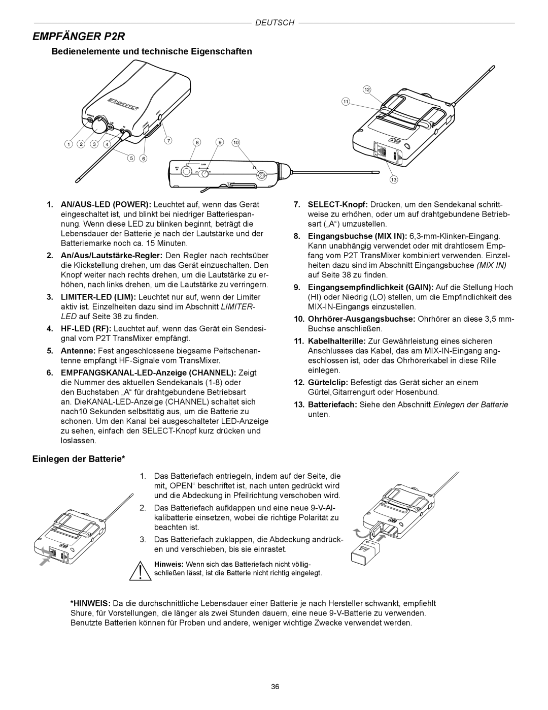 Shure PSM200 manual Empfänger P2R, Einlegen der Batterie 