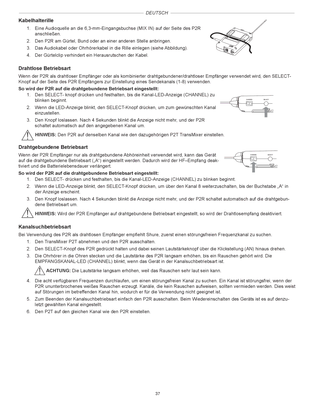 Shure PSM200 manual Kabelhalterille, Drahtlose Betriebsart, Drahtgebundene Betriebsart, Kanalsuchbetriebsart 