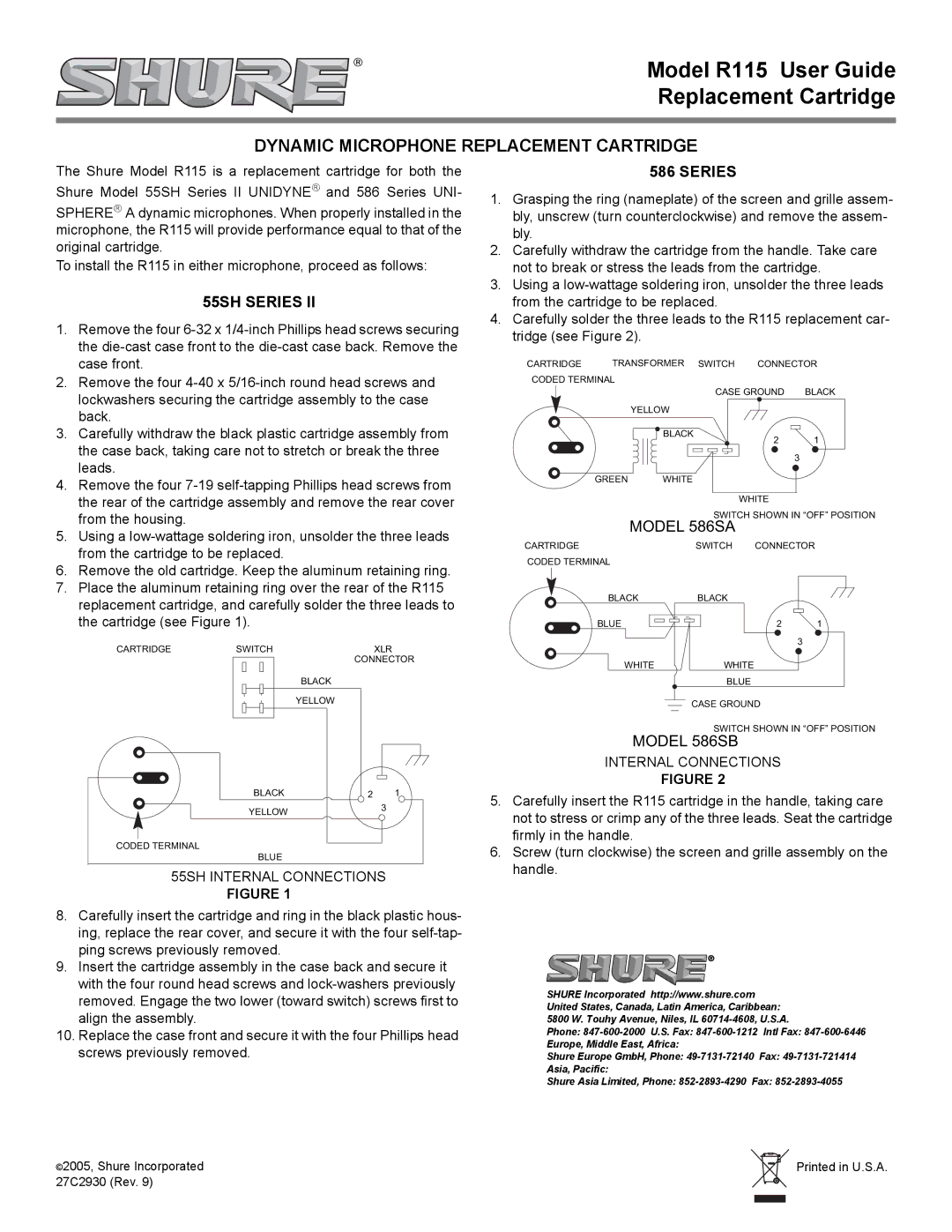 Shure manual Model R115 User Guide Replacement Cartridge, Dynamic Microphone Replacement Cartridge, 55SH Series 