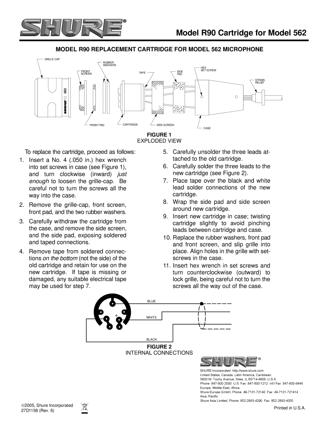 Shure manual Model R90 Cartridge for Model, Model R90 Replacement Cartridge for Model 562 Microphone, Exploded View 