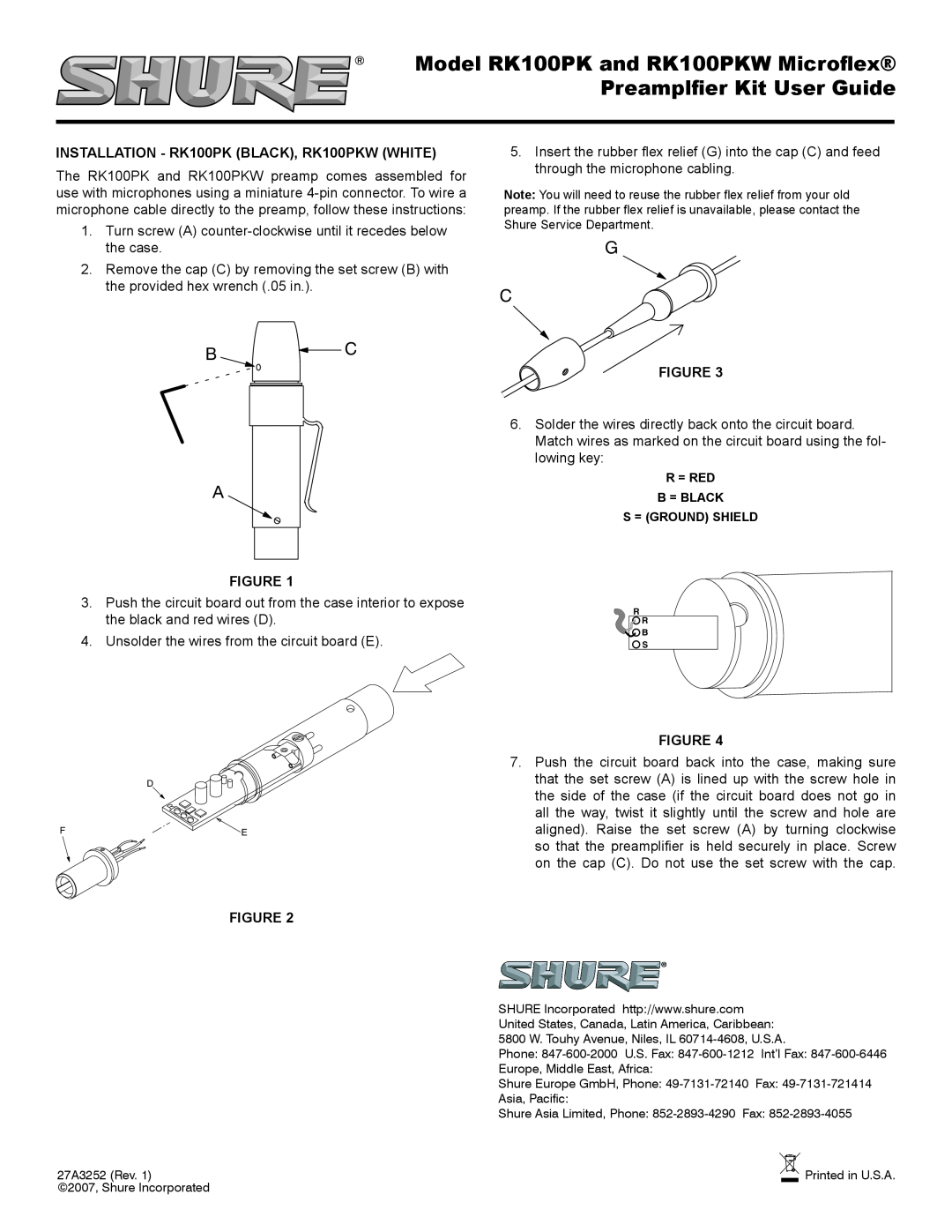 Shure manual Model RK100PK and RK100PKW Microflex Preamplfier Kit User Guide, B C A 