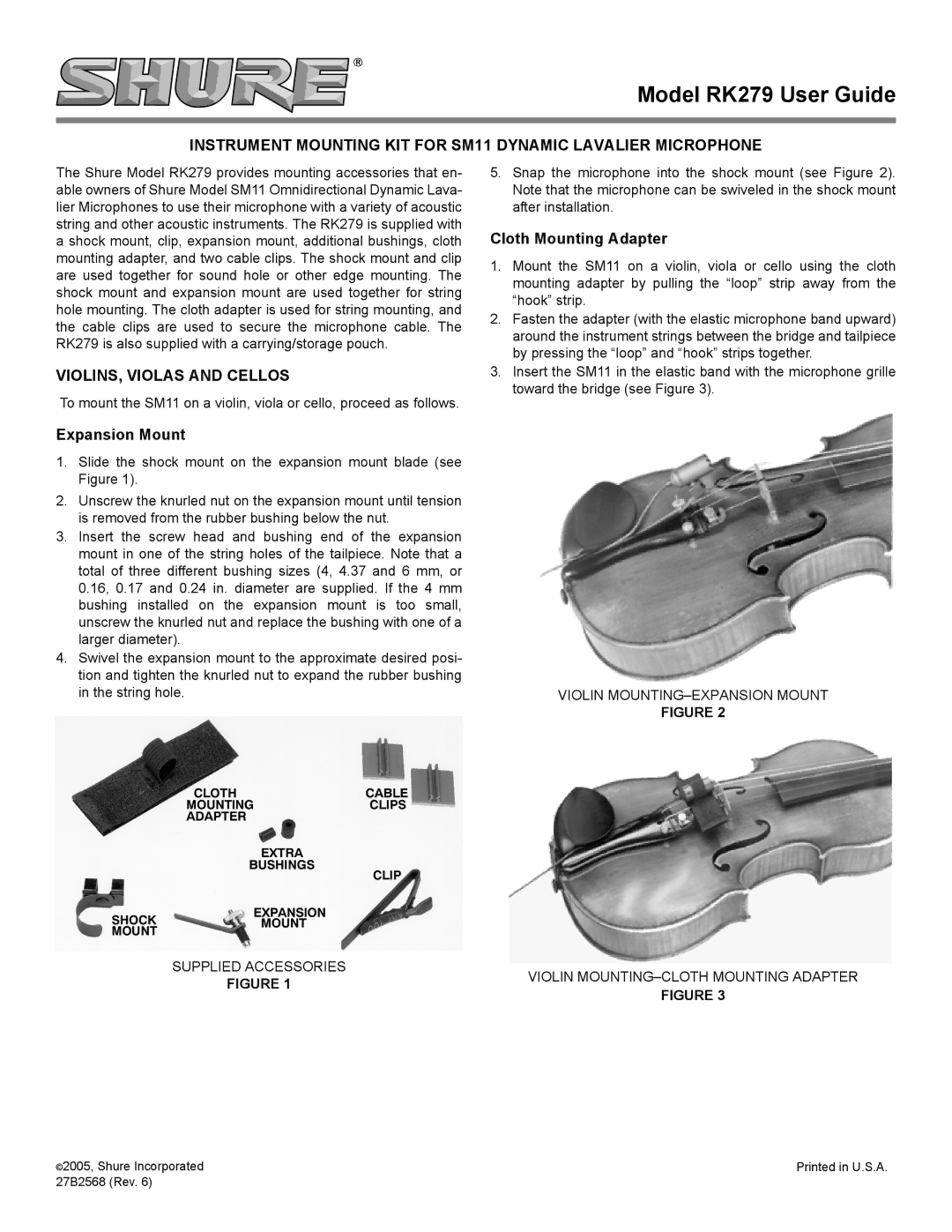 Shure manual Model RK279 User Guide, VIOLINS, Violas and Cellos, Cloth Mounting Adapter, Expansion Mount 