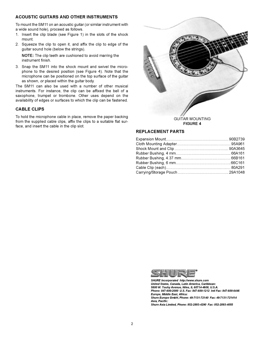 Shure RK279 manual Acoustic Guitars and Other Instruments, Cable Clips, Replacement Parts 