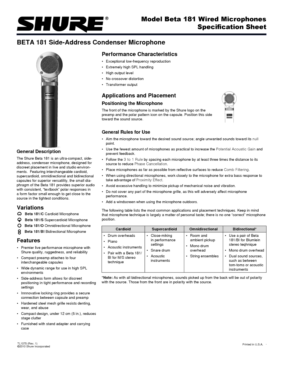 Shure B1, S, Beta 181, O manual Performance Characteristics, Variations, Features, Applications and Placement 