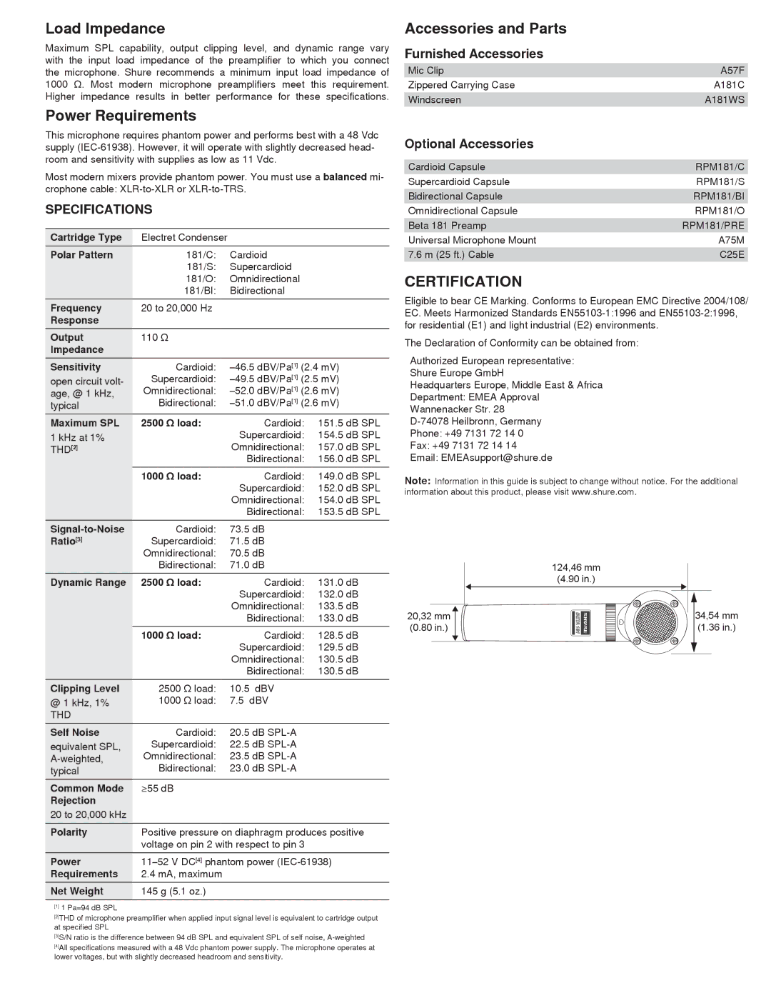 Shure Beta 181, S, C Load Impedance, Power Requirements, Accessories and Parts, Furnished Accessories, Optional Accessories 