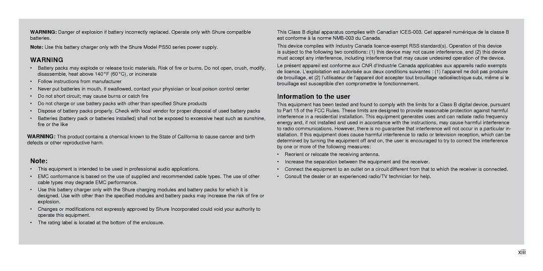 Shure SBC210 manual Information to the user, Xiii 