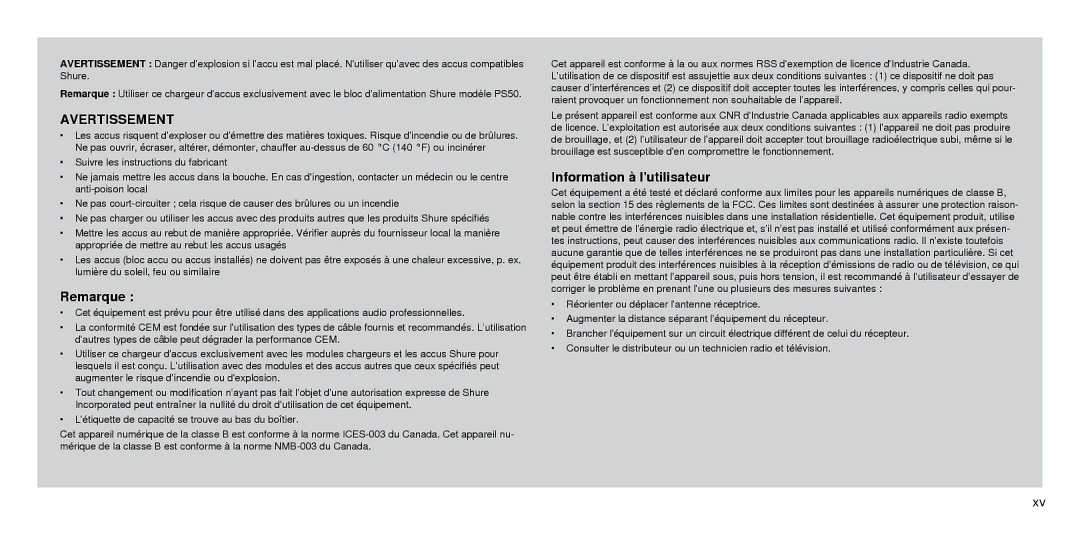 Shure SBC210 manual Avertissement, Remarque, Information à lutilisateur 