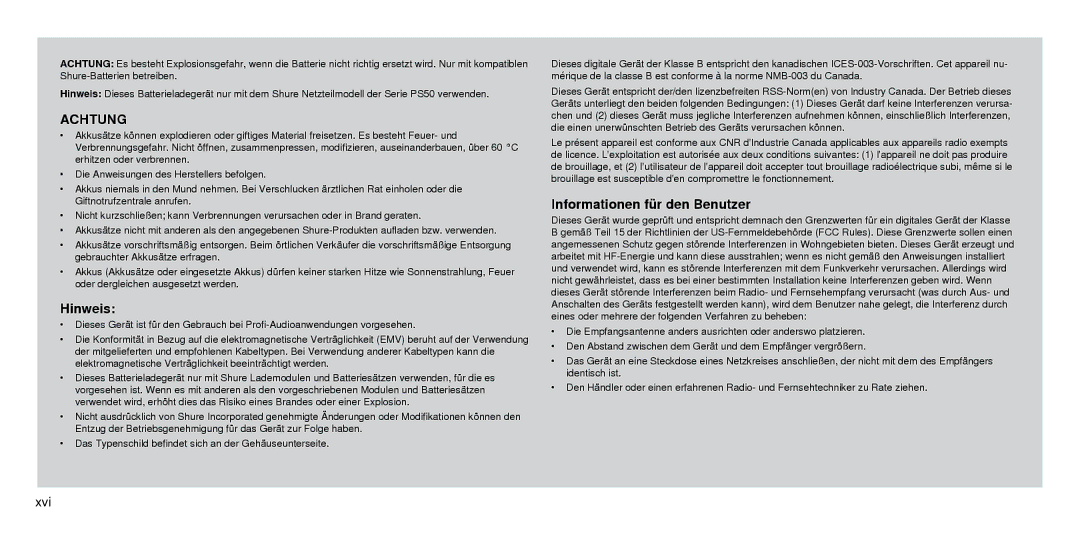 Shure SBC210 manual Achtung, Hinweis, Informationen für den Benutzer, Xvi 