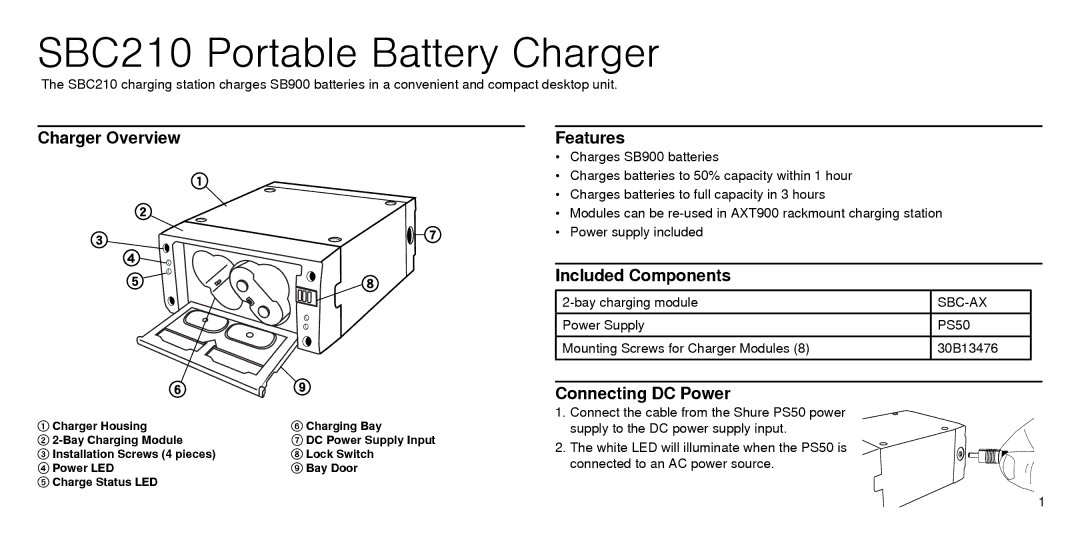 Shure manual SBC210 Portable Battery Charger, Charger Overview, Features, Included Components, Connecting DC Power 