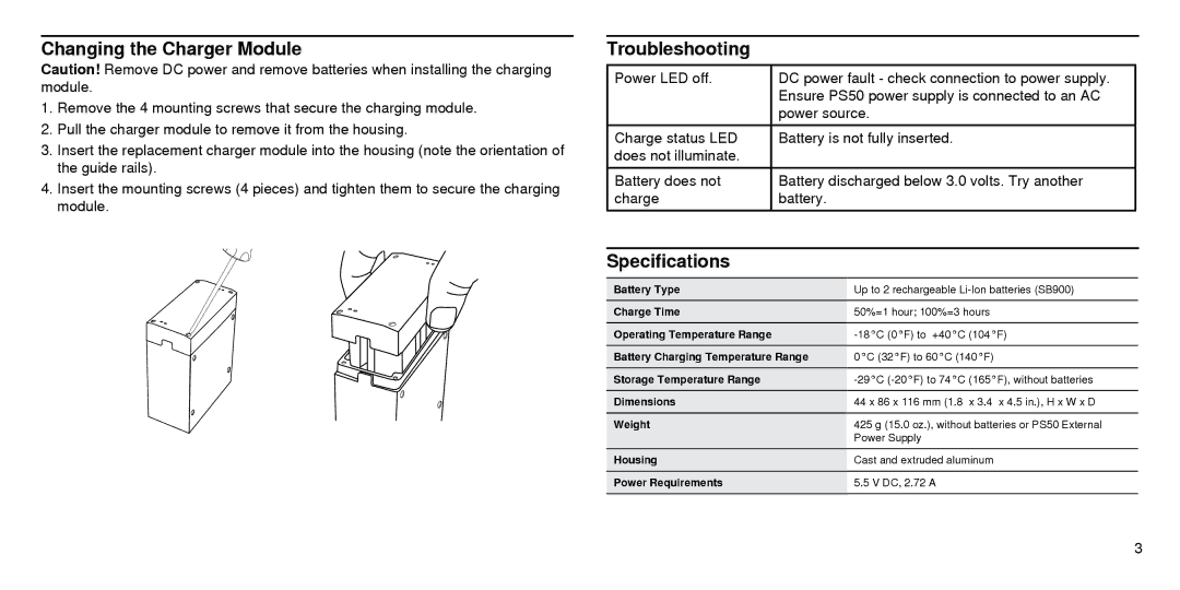 Shure SBC210 manual Changing the Charger Module, Troubleshooting, Specifications 