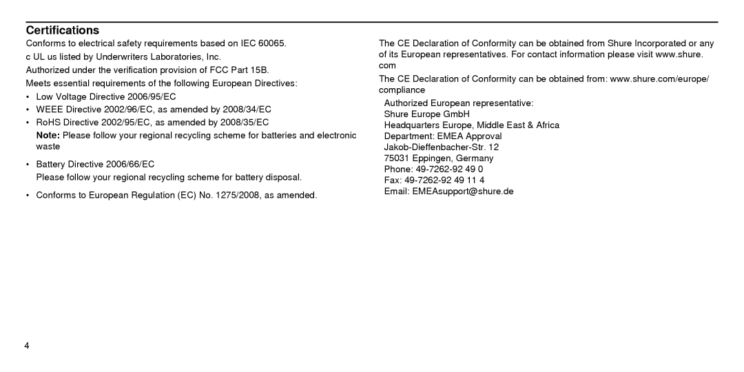 Shure SBC210 manual Certifications 