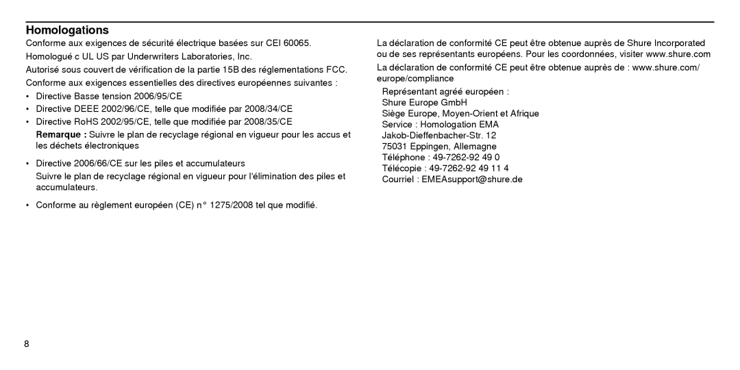 Shure SBC210 manual Homologations 