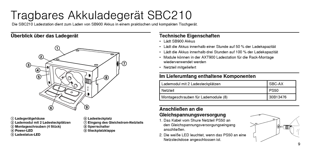 Shure manual Tragbares Akkuladegerät SBC210, Überblick über das Ladegerät, Technische Eigenschaften 