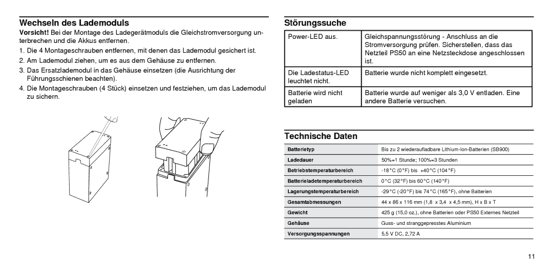 Shure SBC210 manual Wechseln des Lademoduls, Störungssuche, Technische Daten 