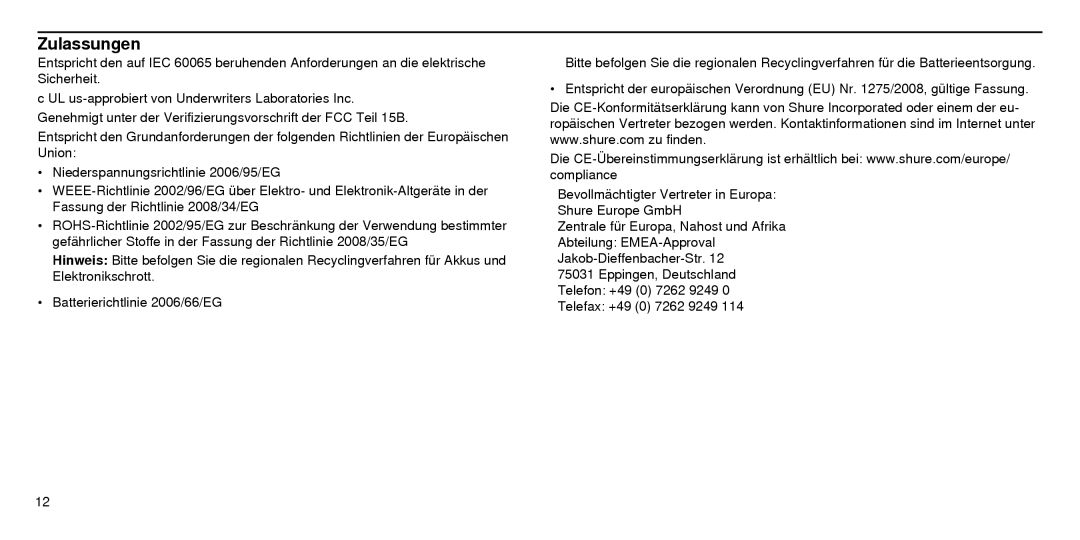 Shure SBC210 manual Zulassungen 