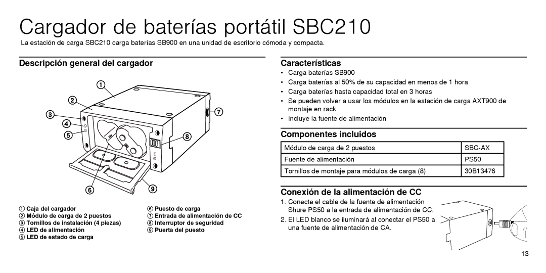 Shure Cargador de baterías portátil SBC210, Descripción general del cargador, Características, Componentes incluidos 