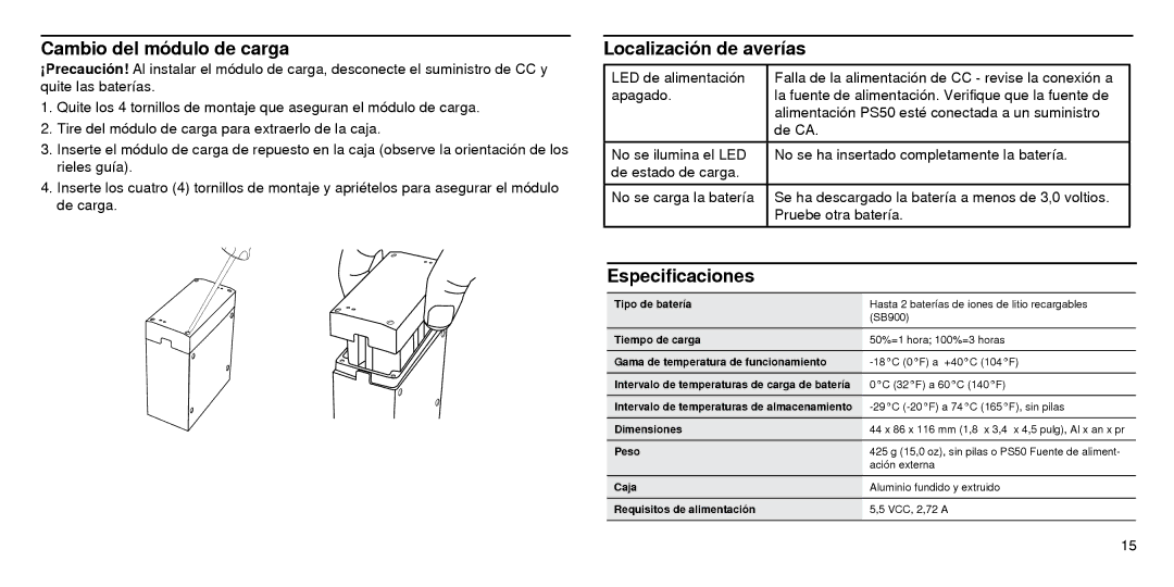 Shure SBC210 manual Cambio del módulo de carga, Localización de averías, Especificaciones 