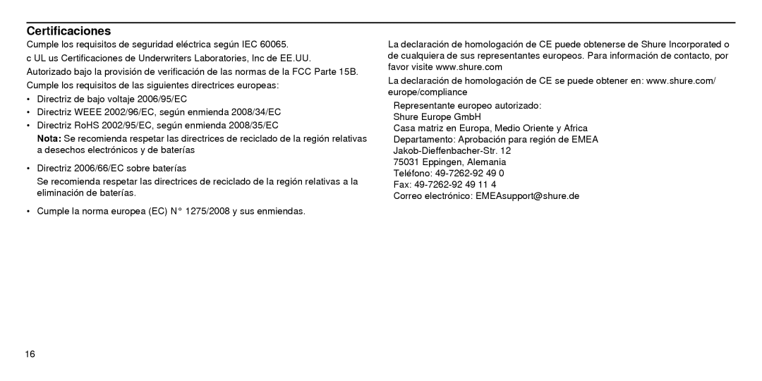 Shure SBC210 manual Certificaciones 