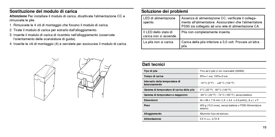 Shure SBC210 manual Sostituzione del modulo di carica, Soluzione dei problemi, Dati tecnici 