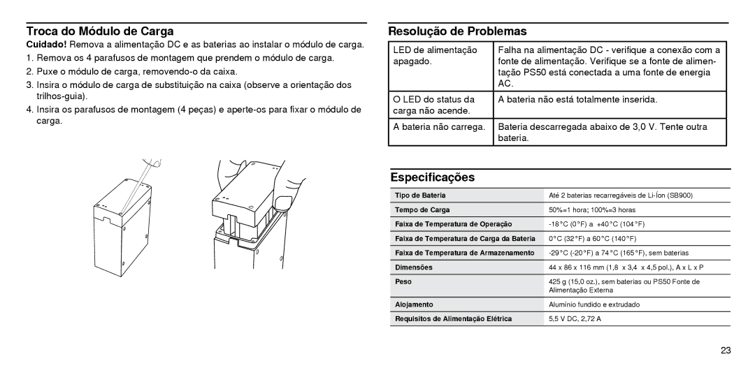 Shure SBC210 manual Troca do Módulo de Carga, Resolução de Problemas, Especificações 