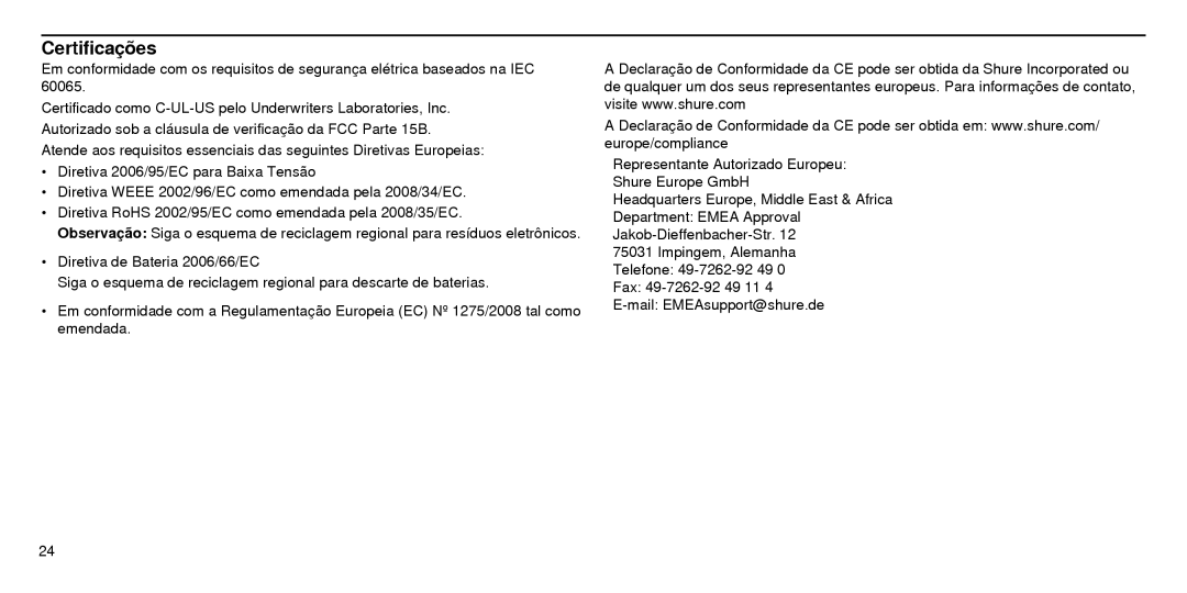 Shure SBC210 manual Certificações 