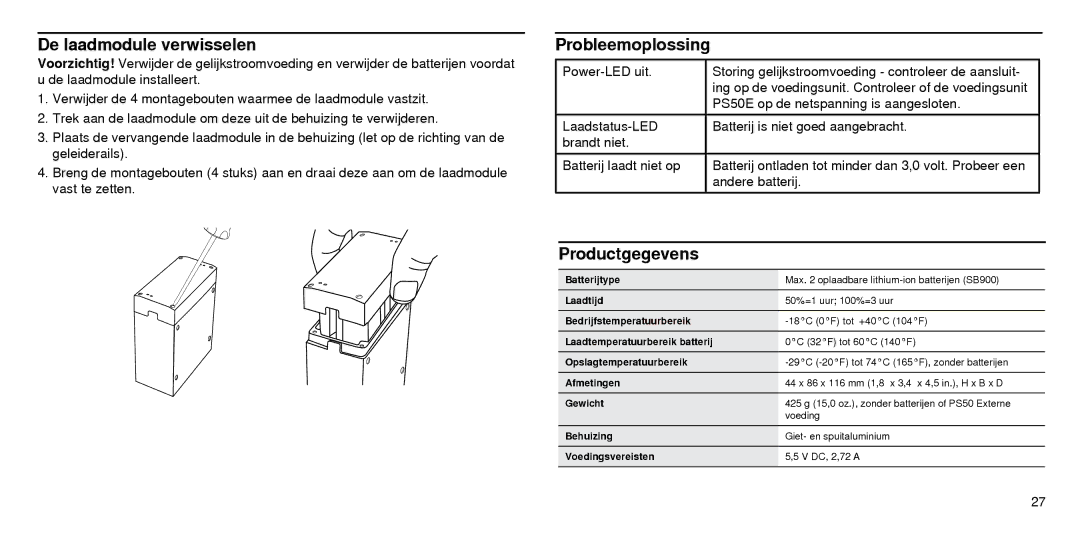 Shure SBC210 manual De laadmodule verwisselen, Probleemoplossing, Productgegevens 