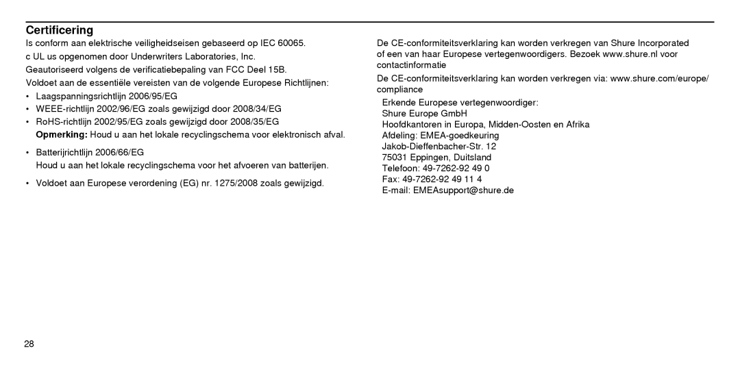 Shure SBC210 manual Certificering 