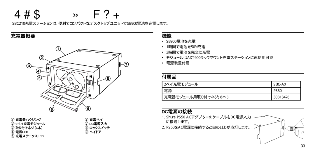 Shure SBC210 manual SB900電池を充電, Shure PS50 ACアダプターのケーブルをDC電源入力 