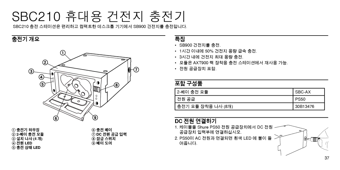 Shure manual SBC210 휴대용 건전지 충전기, 충전기 개요, 포함 구성품, Dc 전원 연결하기 