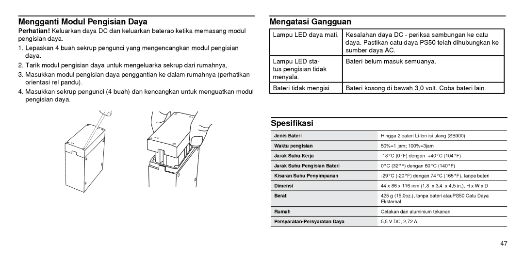 Shure SBC210 manual Mengganti Modul Pengisian Daya, Mengatasi Gangguan, Spesifikasi 