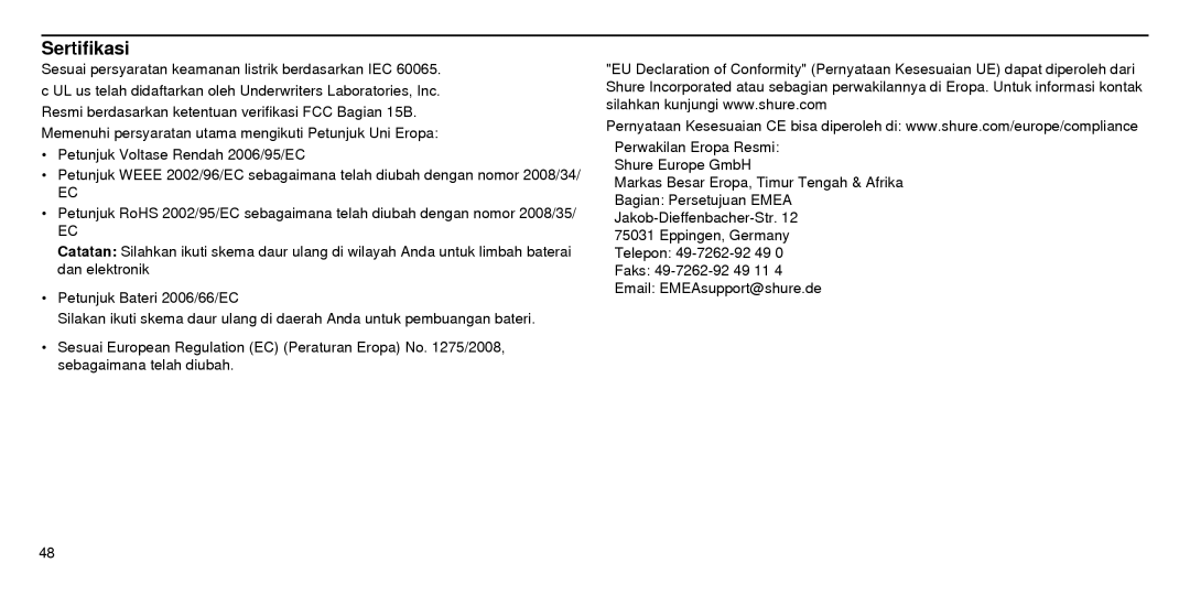 Shure SBC210 manual Sertifikasi 