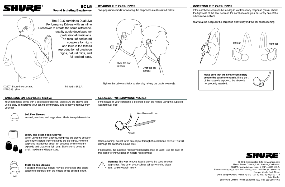 Shure SCL5 manual Wearing the Earphones, Inserting the Earphones, Choosing AN Earphone Sleeve 