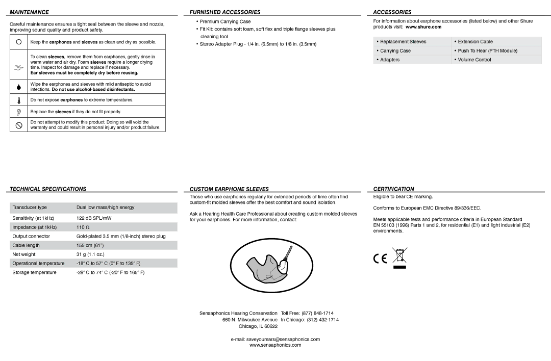 Shure SCL5 manual Maintenance, Furnished Accessories, Technical Specifications, Custom Earphone Sleeves, Certification 