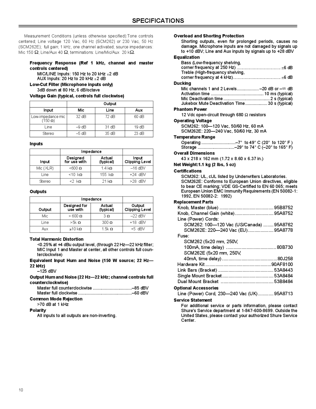 Shure SCM262 manual Specifications, Voltage Gain typical, controls full clockwise 