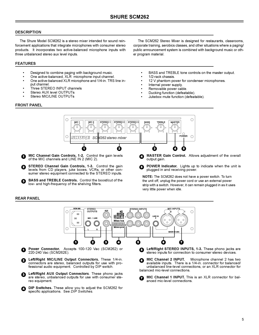 Shure manual Shure SCM262, Description, Features, Front Panel, Rear Panel 