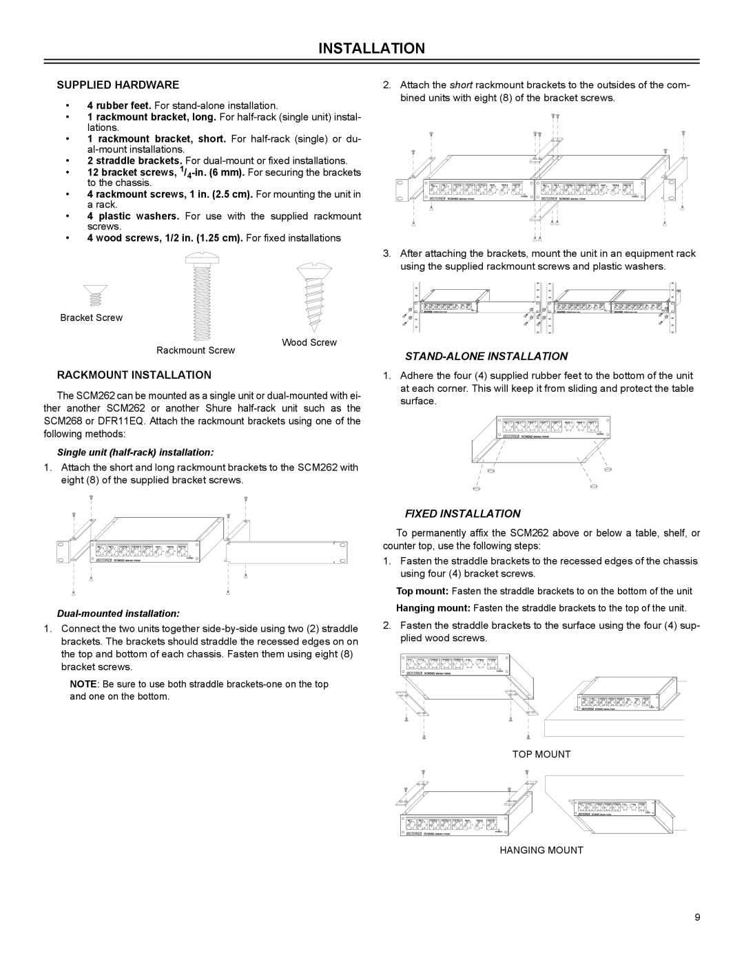 Shure SCM262 Supplied Hardware, Rackmount Installation, Single unit half-rack installation, Dual-mounted installation 