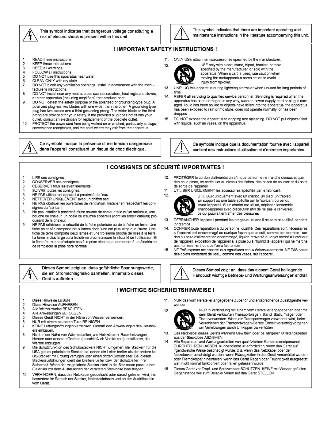 Shure SCM262 manual Important Safety Instructions, Consignes De Sécurité Importantes, Wichtige Sicherheitshinweise 