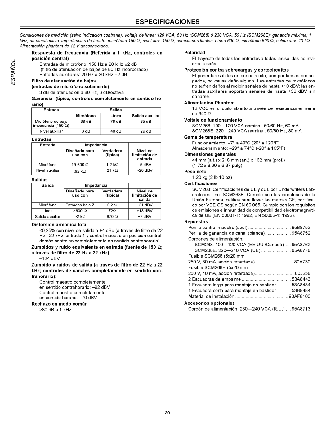 Shure SCM268 manual Especificaciones, Entradas 