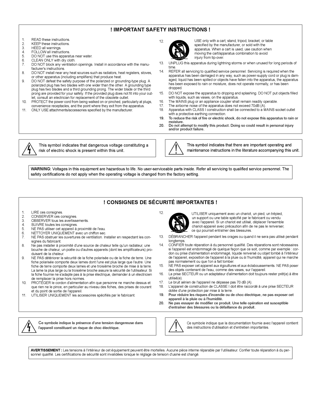 Shure SCM268 manual Important Safety Instructions, Consignes DE Sécurité Importantes 