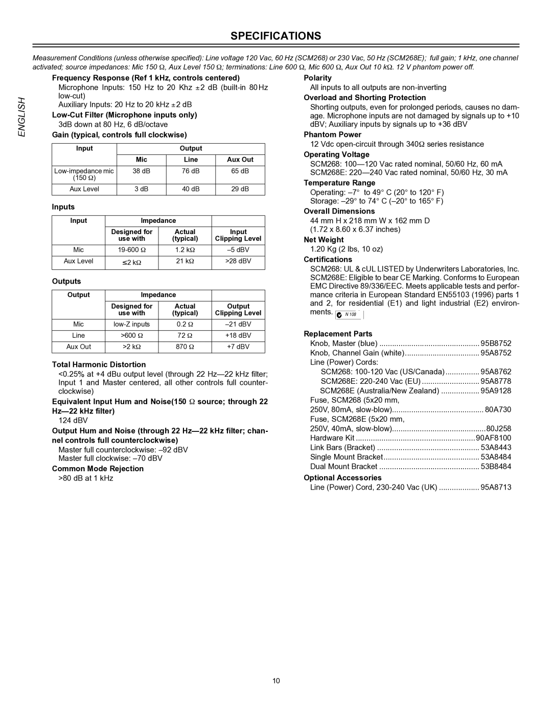 Shure SCM268E manual Specifications 