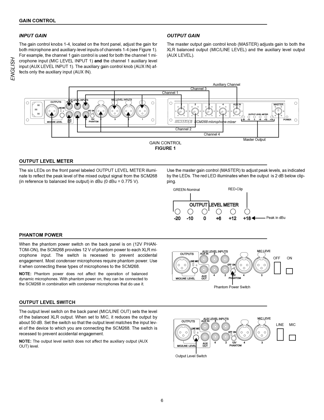 Shure SCM268E manual Input Gain, Output Gain 