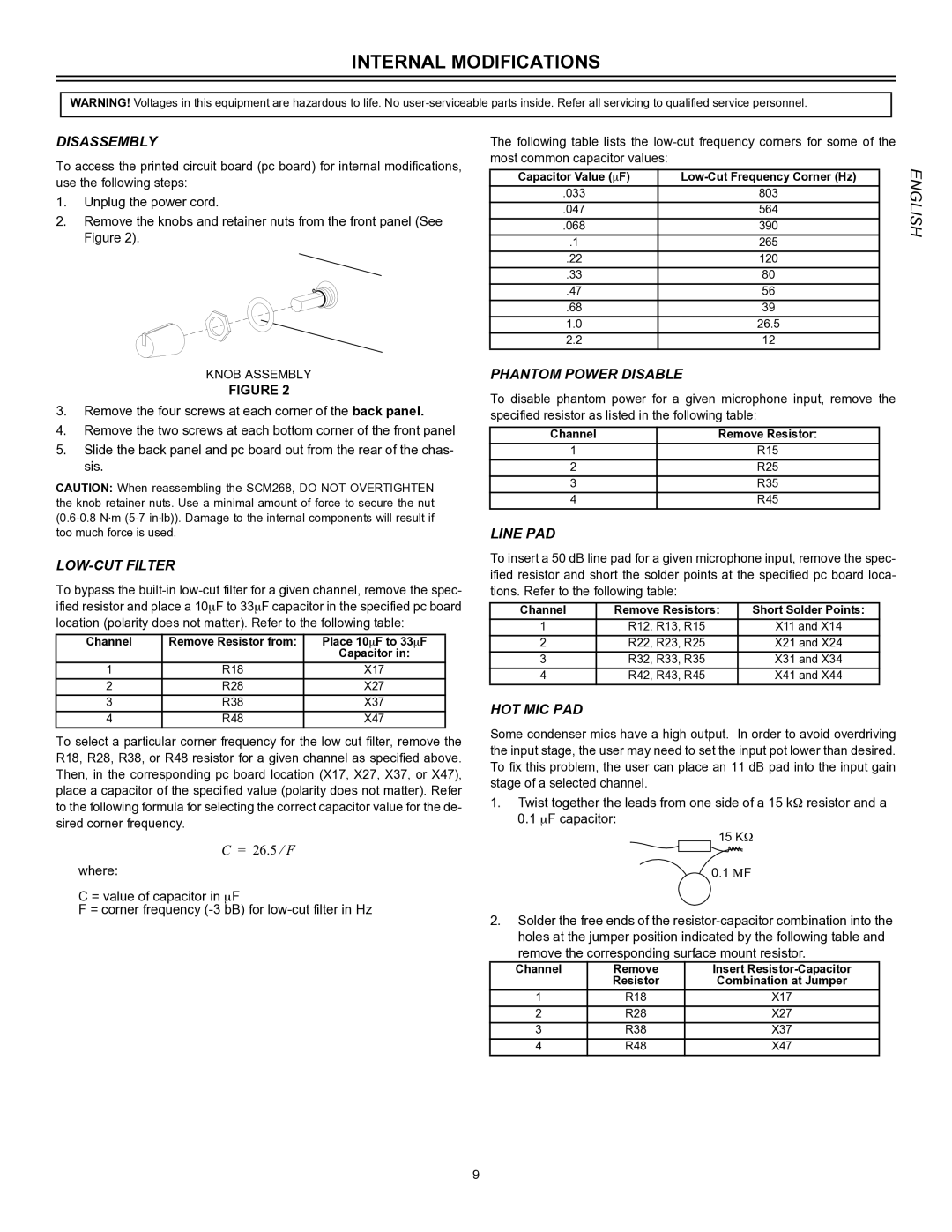 Shure SCM268E manual Internal Modifications 