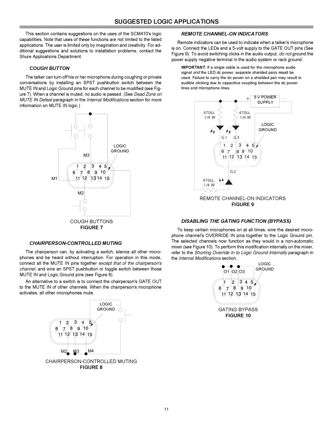 Shure SCM410E Suggested Logic Applications, Cough Button, CHAIRPERSON-CONTROLLED Muting, Remote CHANNEL-ON Indicators 